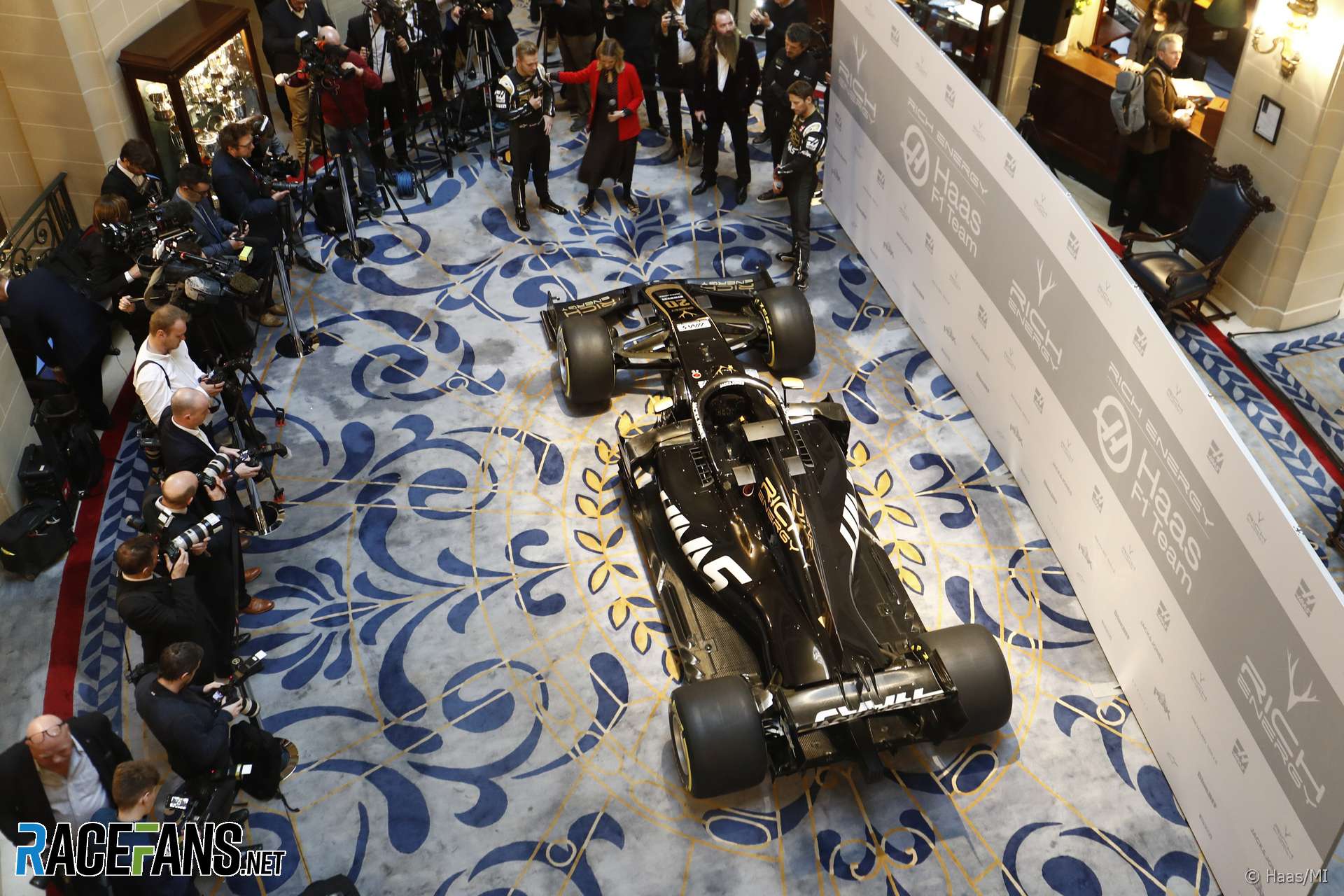 Kevin Magnussen, Haas F1 Team, Presenter Nicki Shields, William Storey, CEO Rich Energy, Guenther Steiner, Team Principal, Haas F1 and Romain Grosjean, Haas F1 Team