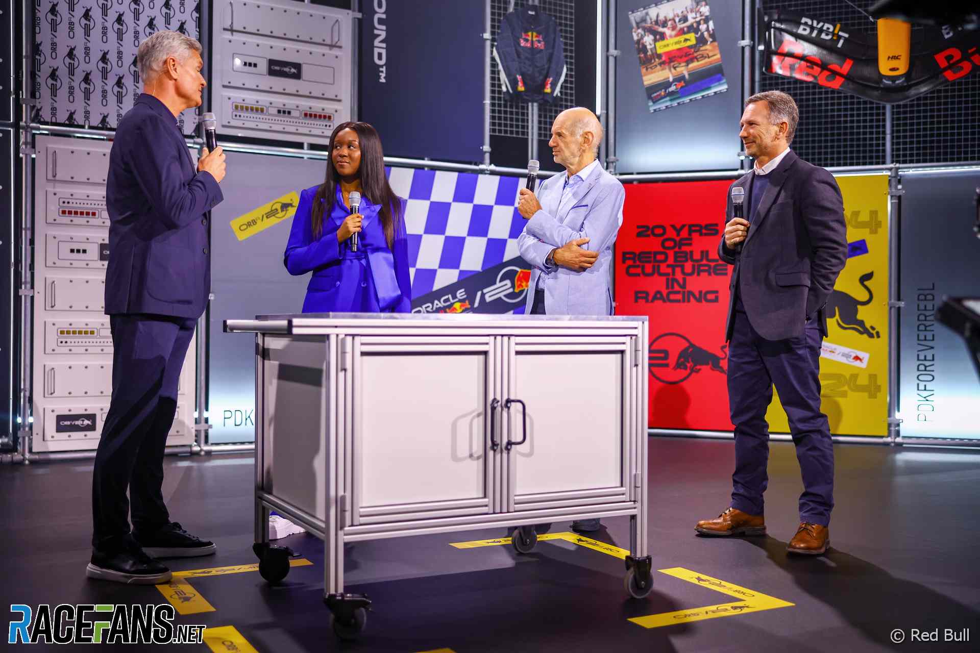 David Coulthard, Adrian Newey, Christian Horner, Red Bull RB20 launch, 2024