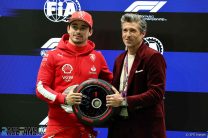 Charles Leclerc receives the Pirelli Pole Position Award from Patrick Dempsey (USA) Actor, Las Vegas Strip Circuit, 2023
